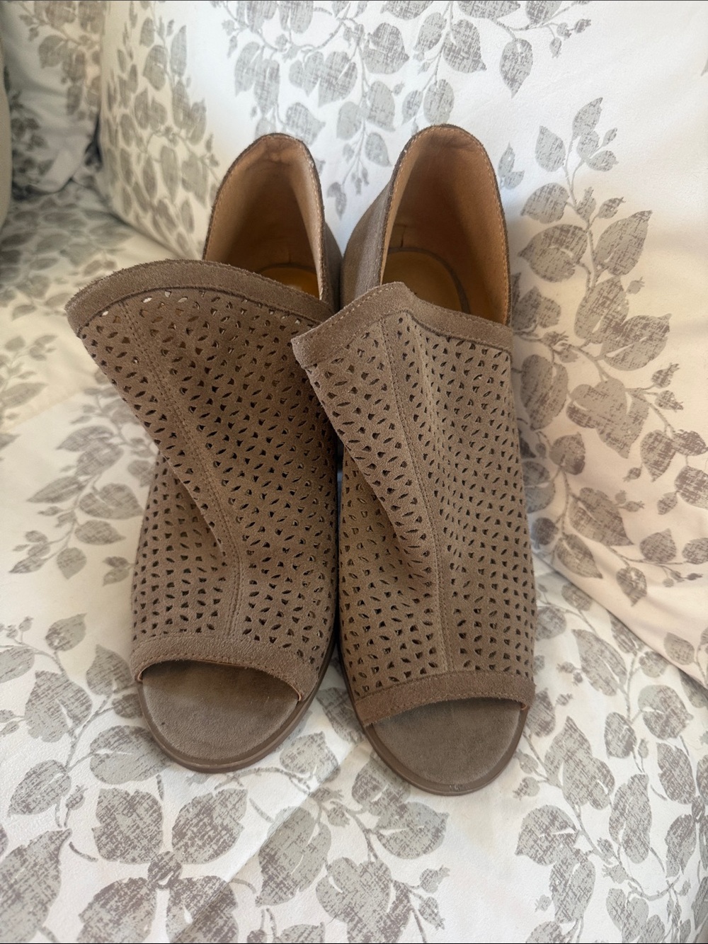 Lucky Brand Taupe Perforated Open-Toe Mules